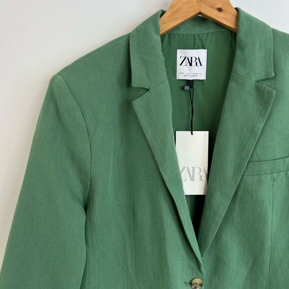 ZARA WOMEN NEW LINEN BLEND MENSWEAR STYLE BLAZER JACKET MID-GREEN 5427/754 L - Picture 14 of 15